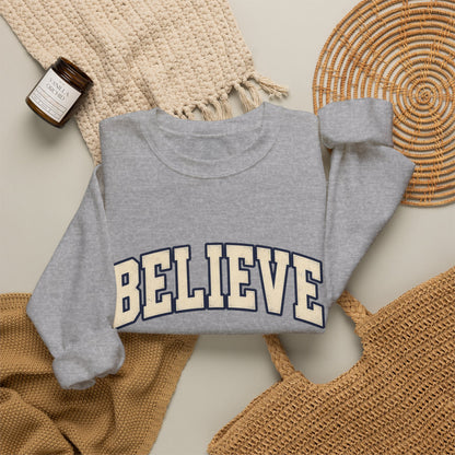 Believe Crewneck Sweatshirt — Vintage Collegiate White Pullover