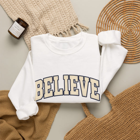 Believe Crewneck Sweatshirt — Vintage Collegiate White Pullover