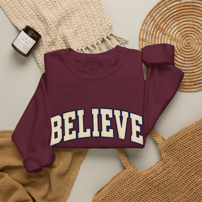 Believe Crewneck Sweatshirt — Vintage Collegiate White Pullover