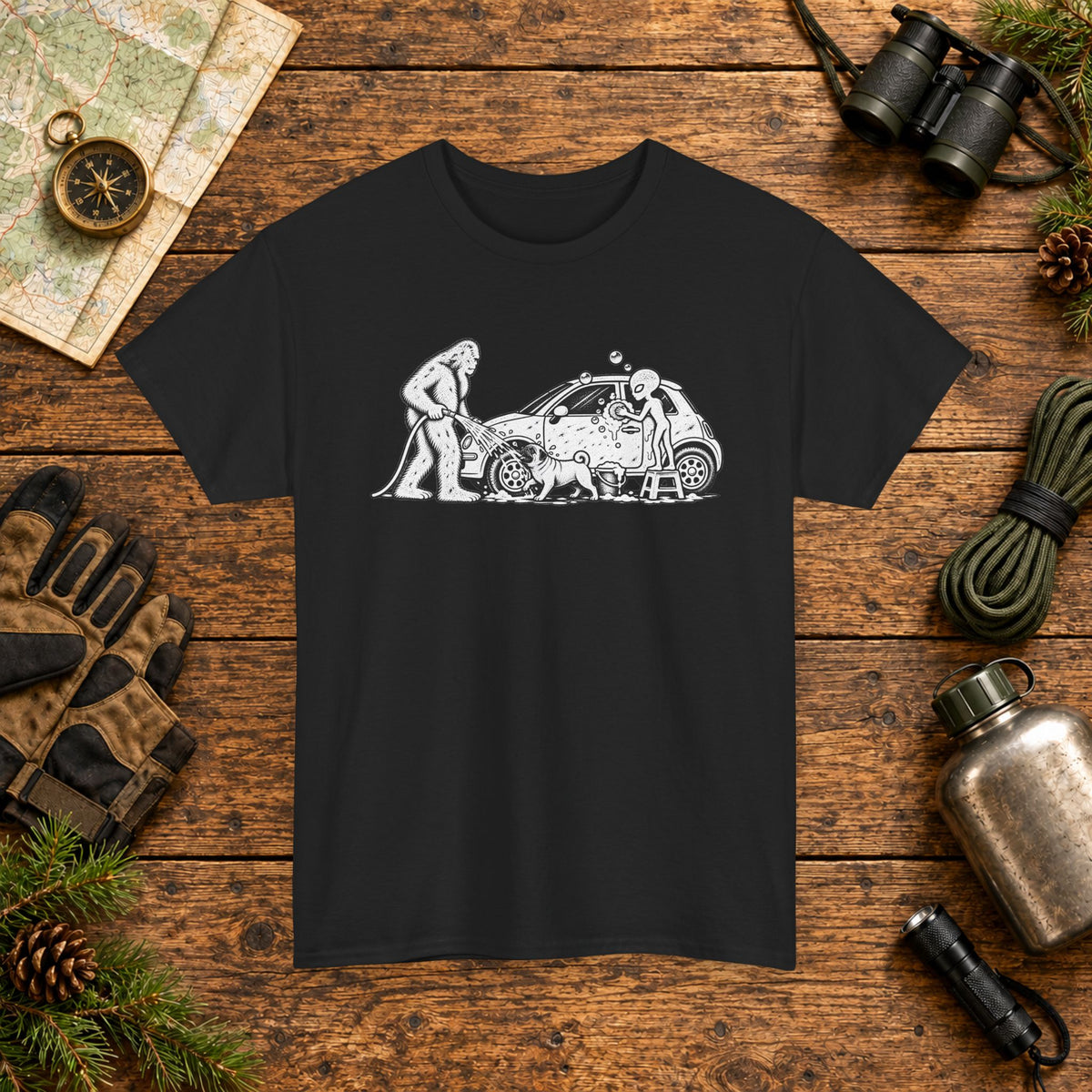 Pug, Bigfoot & Alien Car Wash T-Shirt