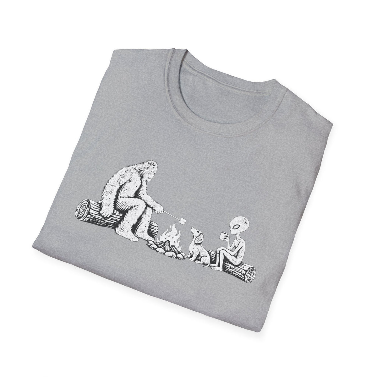 Dachshund Campfire Hiking Crew T‑Shirt — Minimal Line Art Backpacker Family