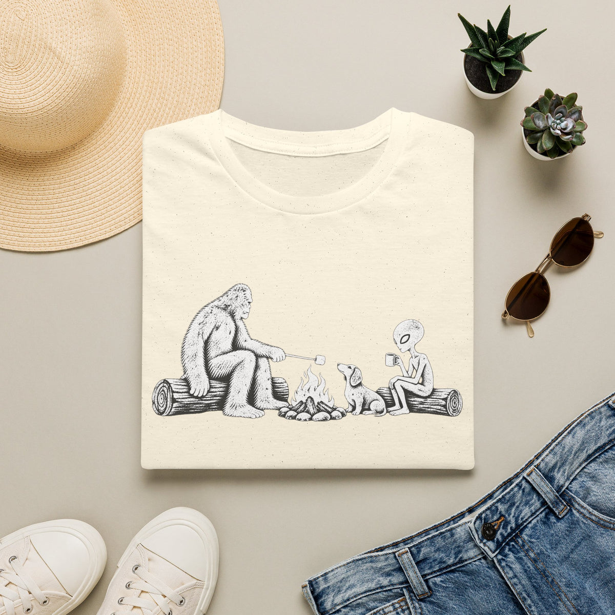 Dachshund Campfire Hiking Crew T‑Shirt — Minimal Line Art Backpacker Family
