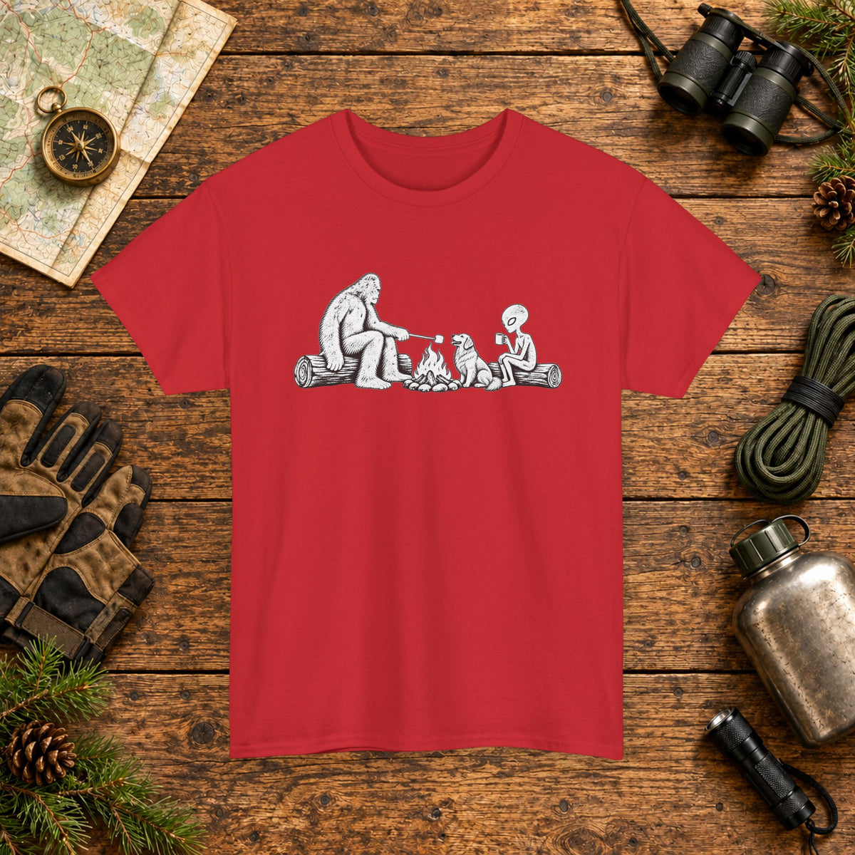 Golden Retriever, Bigfoot & Alien Campfire T-Shirt
