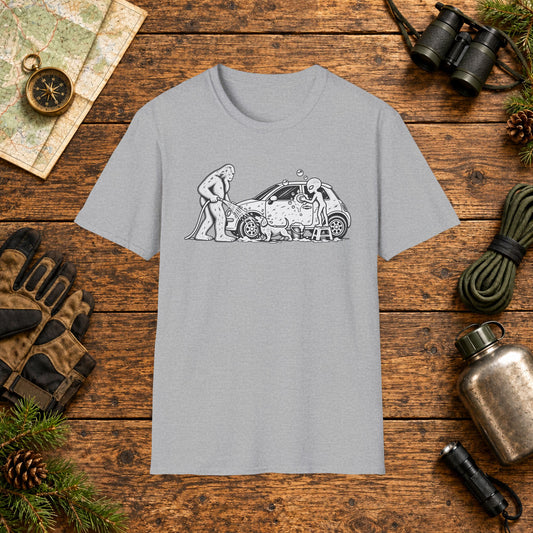 Dachshund Car Wash Hiking Crew T‑Shirt — Minimal Line Art Backpacker Family