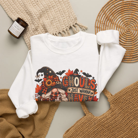 Halloween Witch Crewneck Sweatshirt — “Ghouls Just Wanna Have Fun” Autumn Costume Pullover