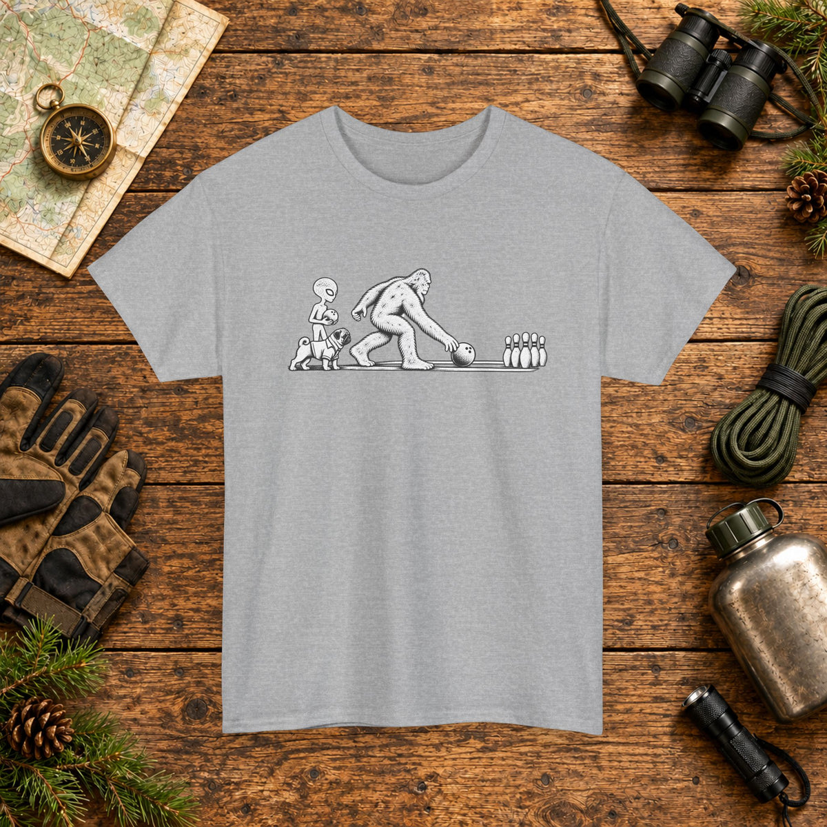 Pug, Bigfoot & Alien Bowling T-Shirt