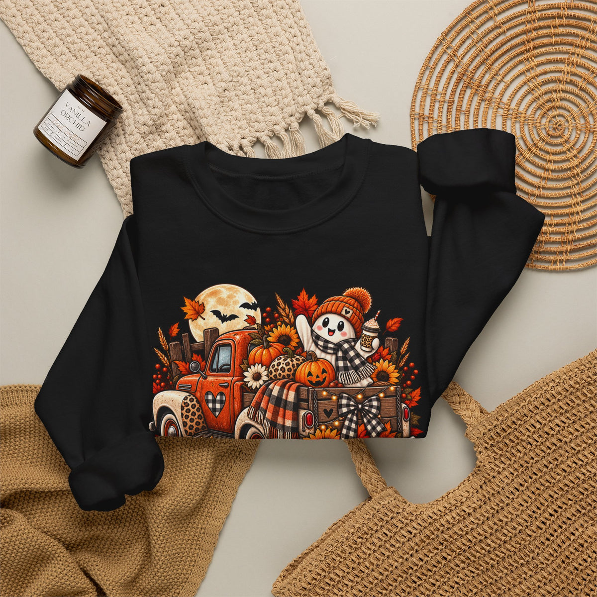Spooky But Sweet Halloween Sweatshirt — Cute Witch Ghost Pumpkin Design