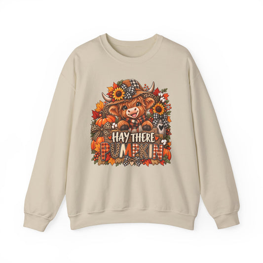 Fall Highland Cow Sweatshirt - "Hay There, I'm Fall" Cute Autumn Graphic Crewneck