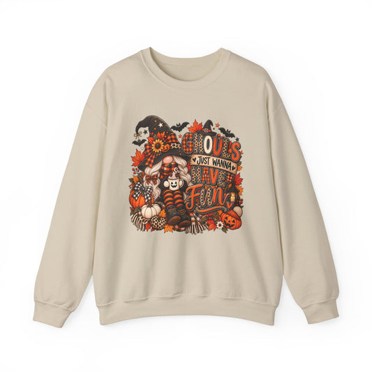 Halloween Witch Crewneck Sweatshirt — “Ghouls Just Wanna Have Fun” Autumn Costume Pullover