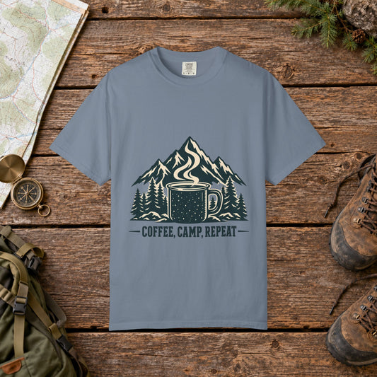 Camp, coffee, repeat | Vintage Mountain Hiking Tee