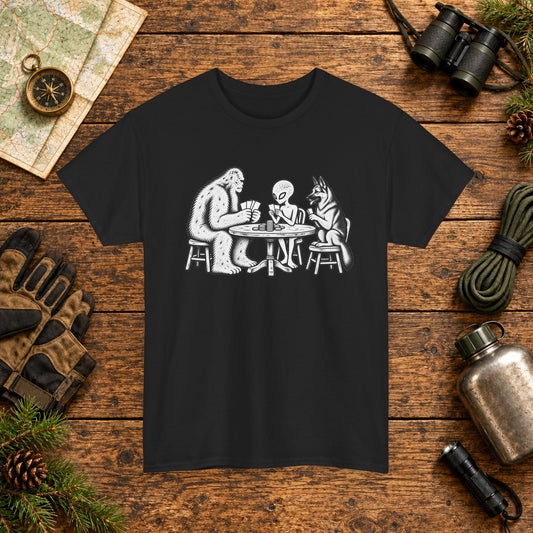 German Shepherd, Bigfoot & Alien Poker Night T-Shirt