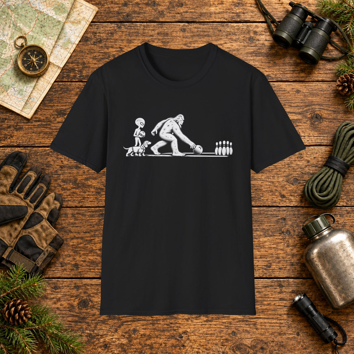 Dachshund Bowling Hiking Crew T‑Shirt — Minimal Line Art Backpacker Family