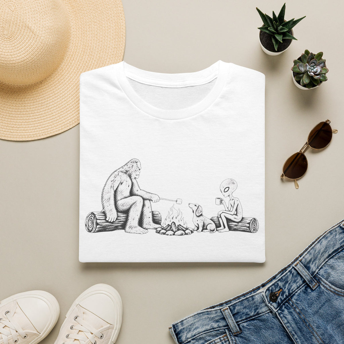 Dachshund Campfire Hiking Crew T‑Shirt — Minimal Line Art Backpacker Family