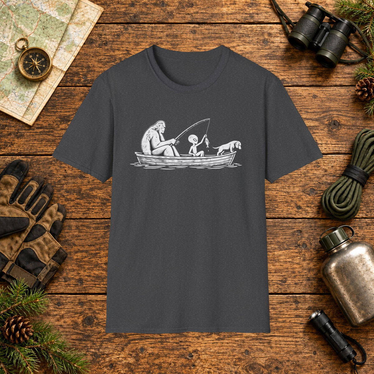 Dachshund Fishing Crew T‑Shirt — Minimal Line Art Backpacker Family