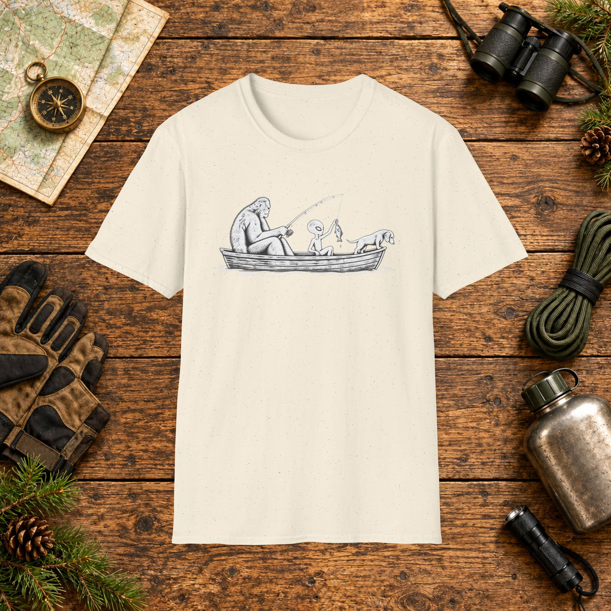 Dachshund Fishing Crew T‑Shirt — Minimal Line Art Backpacker Family