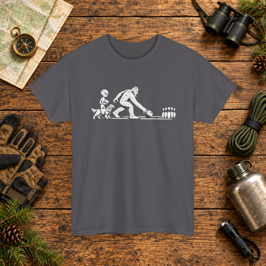 Golden Retriever, Bigfoot & Alien Bowling T-Shirt