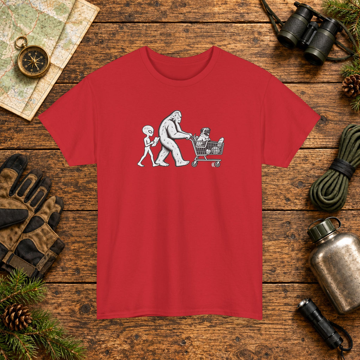 Pug, Bigfoot & Alien Grocery Shopping T-Shirt