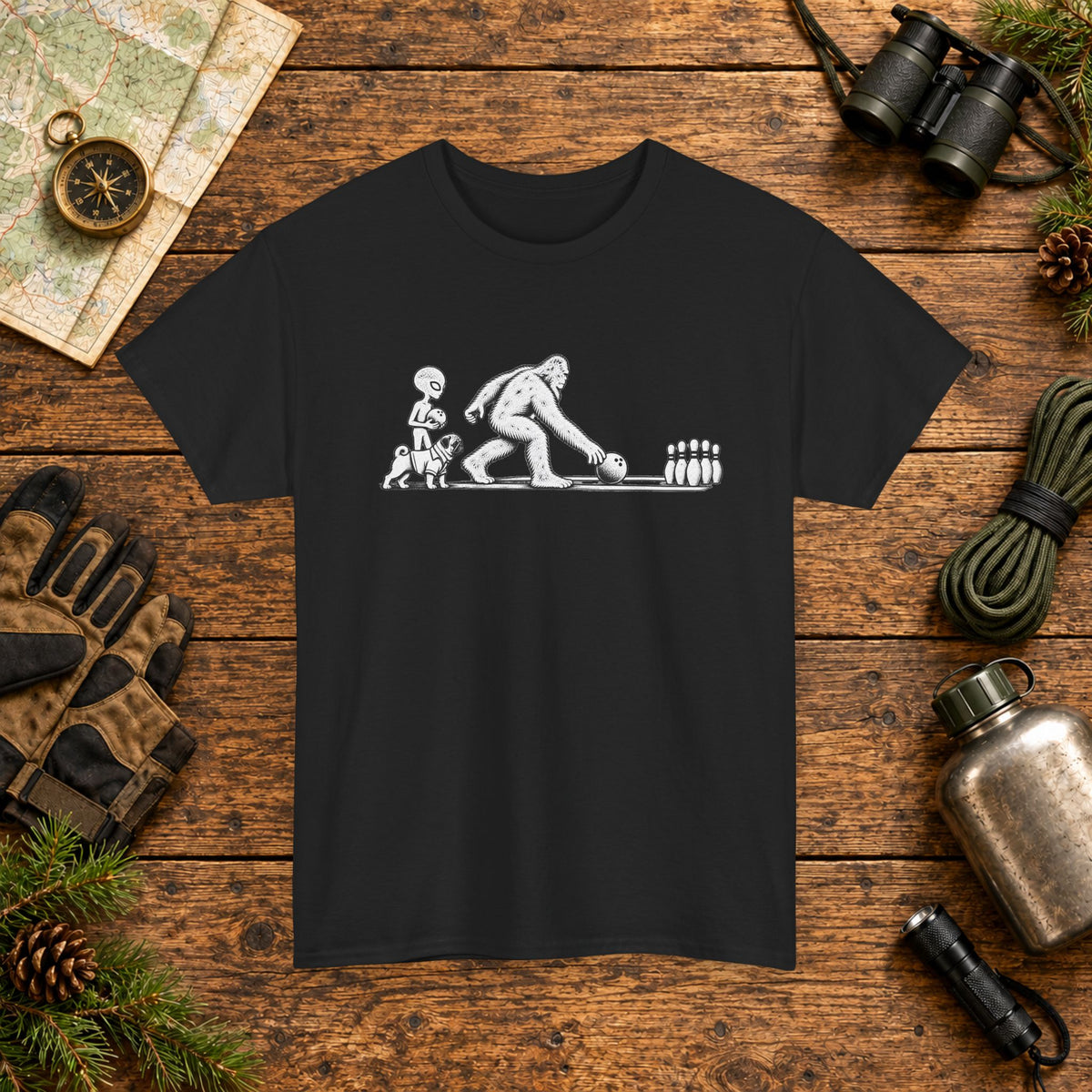 Pug, Bigfoot & Alien Bowling T-Shirt