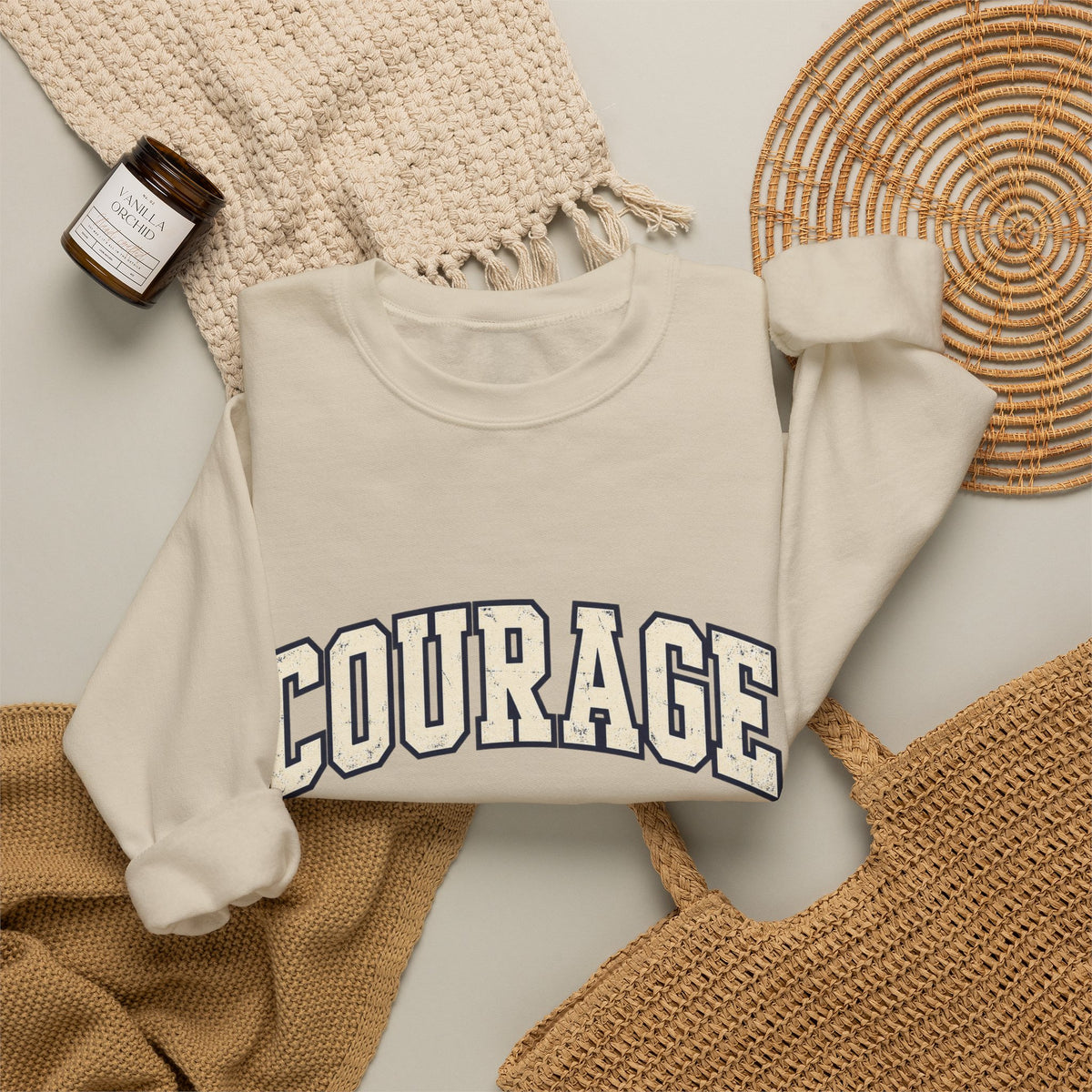 Courage Crewneck Sweatshirt — White Inspirational Collegiate Pullover