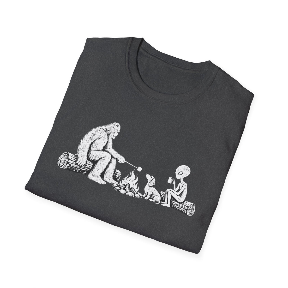 Dachshund Campfire Hiking Crew T‑Shirt — Minimal Line Art Backpacker Family