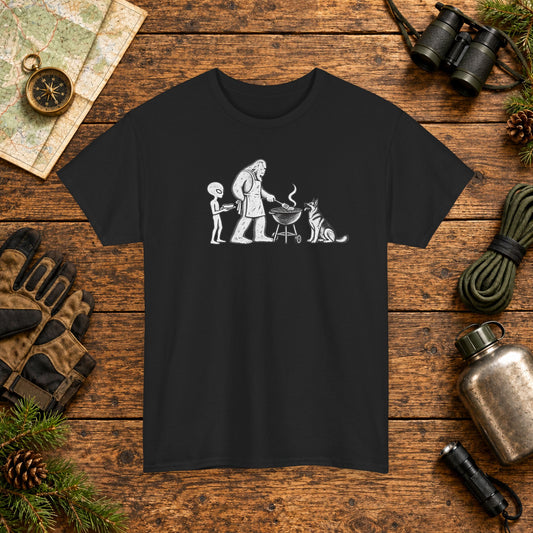 German Shepherd, Bigfoot & Alien Backyard BBQ T-Shirt
