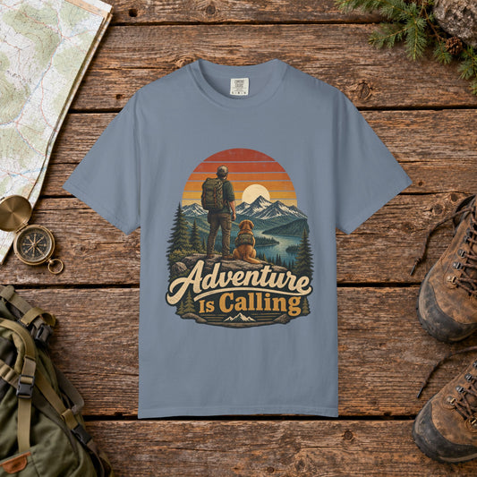 Adventure is calling with golden retriever Vintage Mountain Hiking Tee