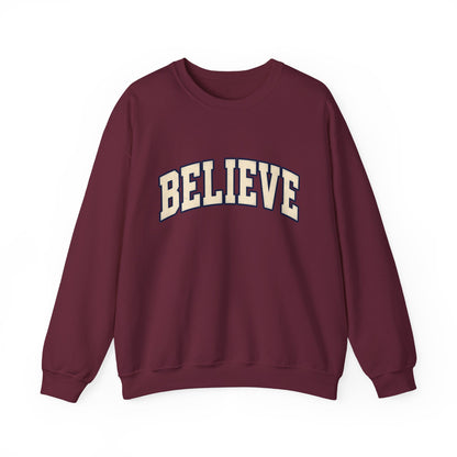 Believe Crewneck Sweatshirt — Vintage Collegiate White Pullover