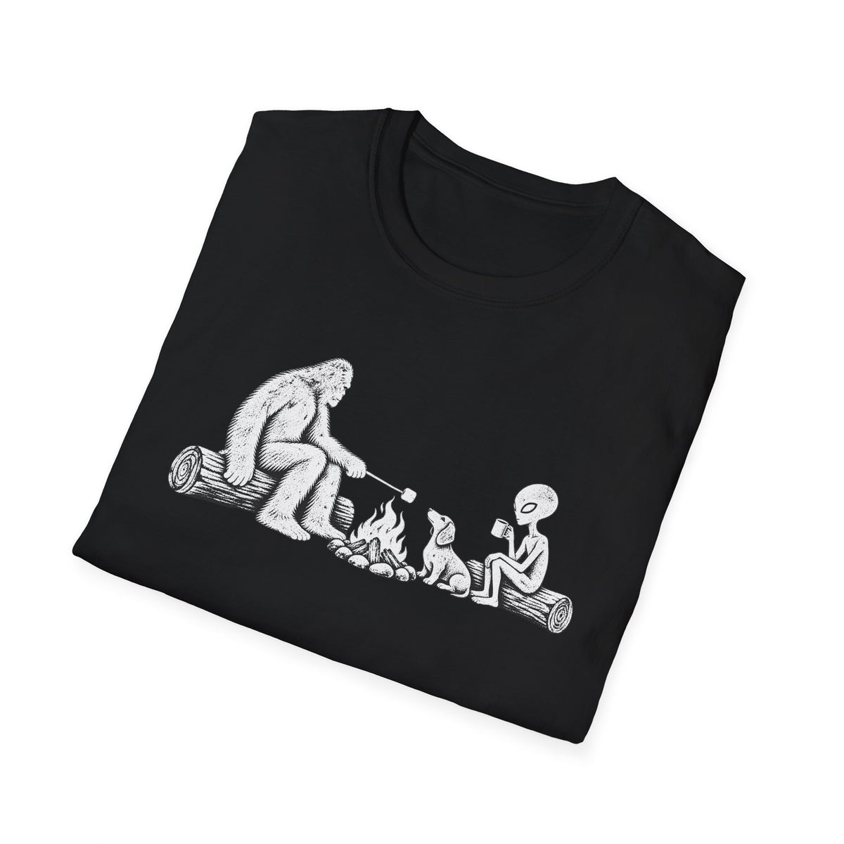 Dachshund Campfire Hiking Crew T‑Shirt — Minimal Line Art Backpacker Family