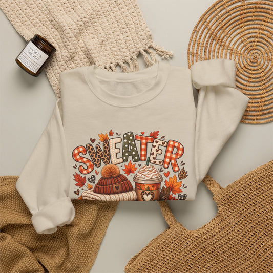 Sweater Weather Crewneck Sweatshirt — Cozy Autumn Knit & Hot Cocoa Graphic