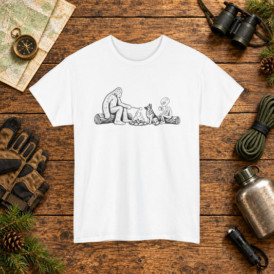 German Shepherd, Bigfoot & Alien Campfire T-Shirt