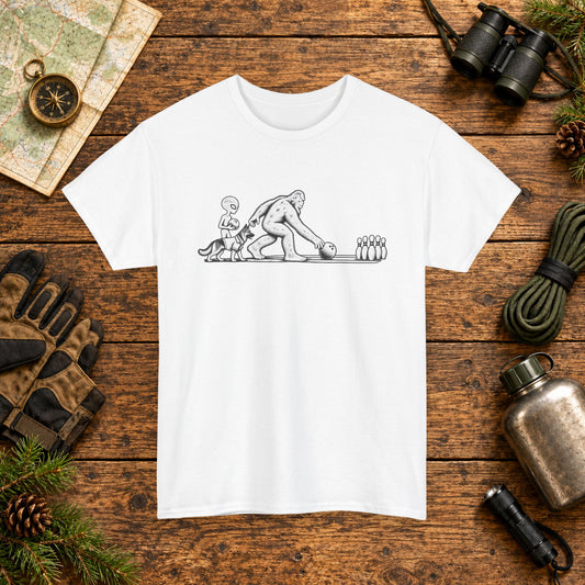 German Shepherd, Bigfoot & Alien Bowling T-Shirt