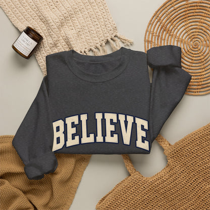 Believe Crewneck Sweatshirt — Vintage Collegiate White Pullover