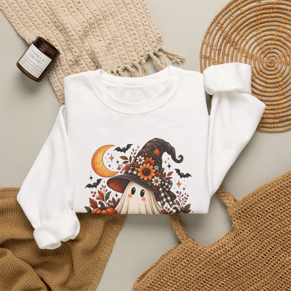 Spooky But Sweet Halloween Sweatshirt — Cute Witch Ghost Pumpkin Design