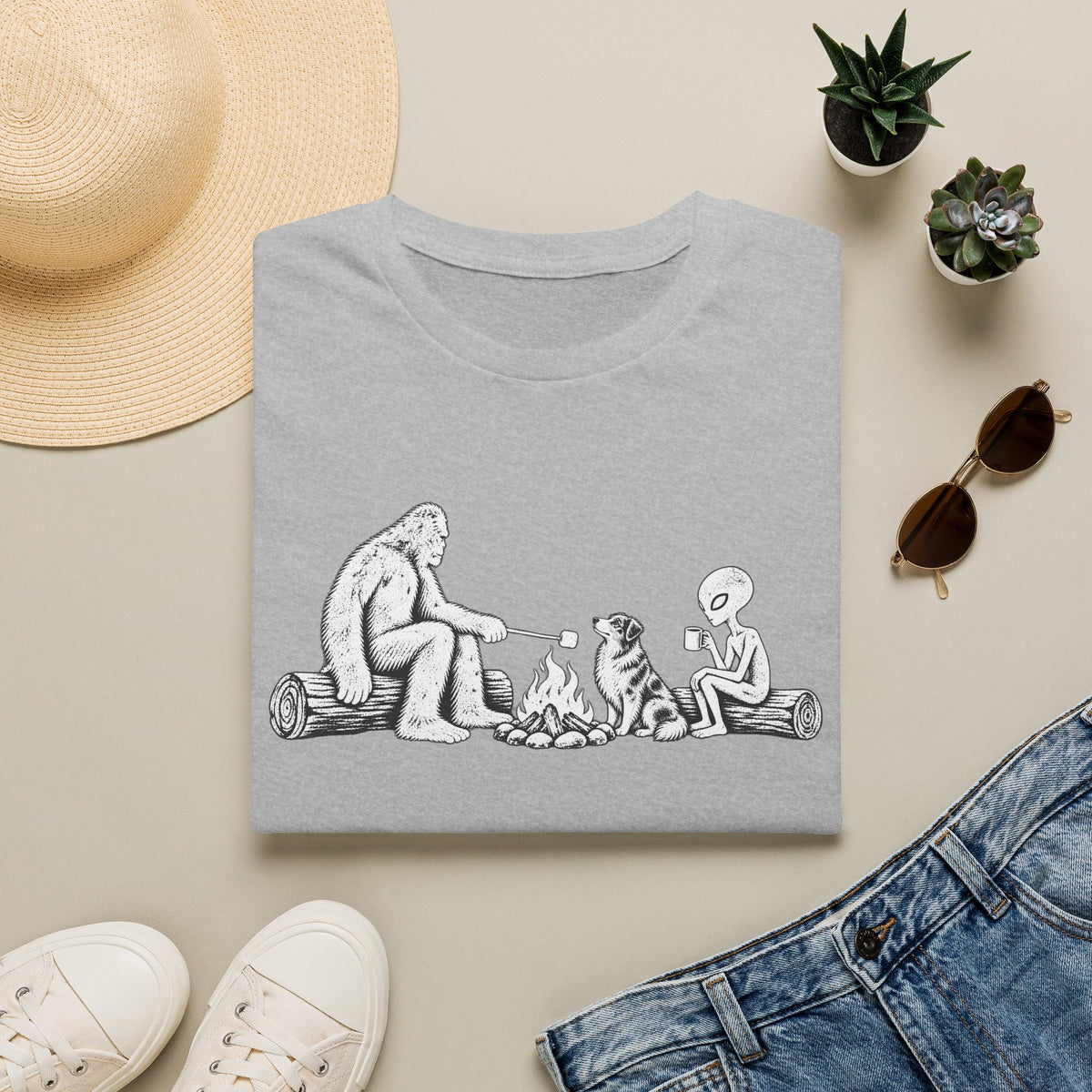 Australian Shepherd Camping with Bigfoot & Alien T-Shirt