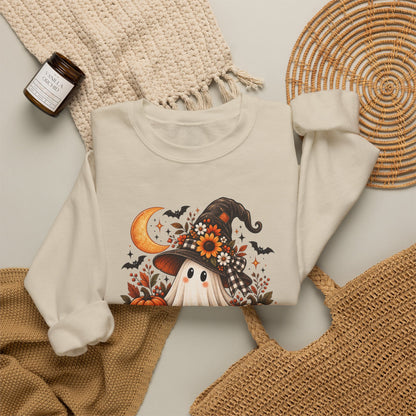Spooky But Sweet Halloween Sweatshirt — Cute Witch Ghost Pumpkin Design