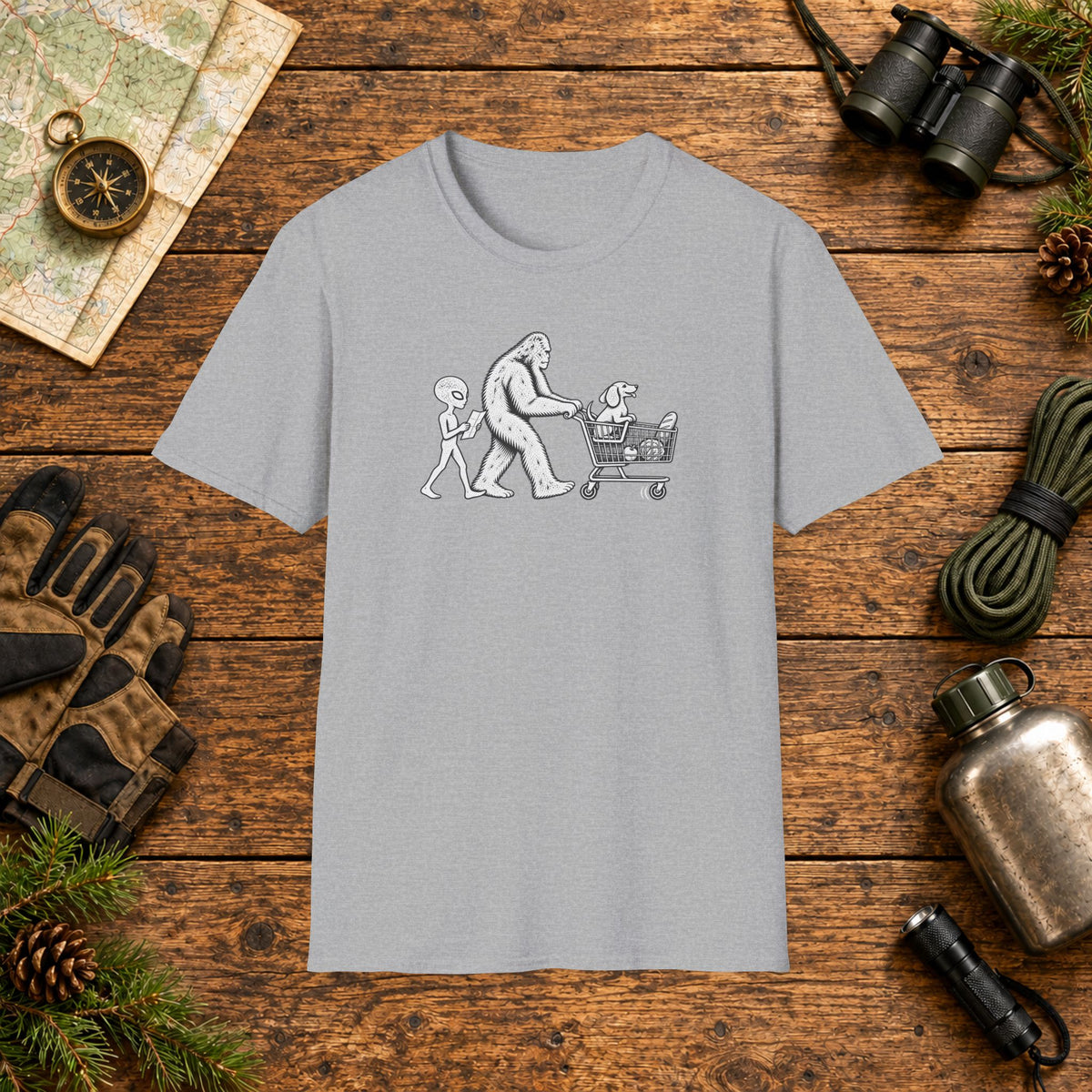 Dachshund Shopping Hiking Crew T‑Shirt — Minimal Line Art Backpacker Family