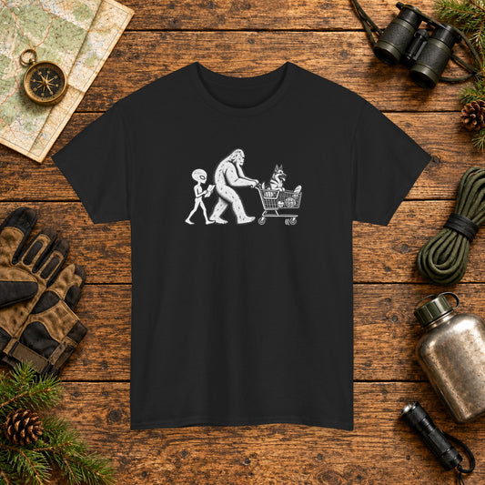 German Shepherd, Bigfoot & Alien Grocery Shopping T-Shirt