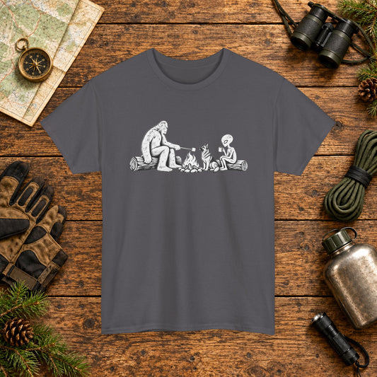 German Shepherd, Bigfoot & Alien Campfire T-Shirt