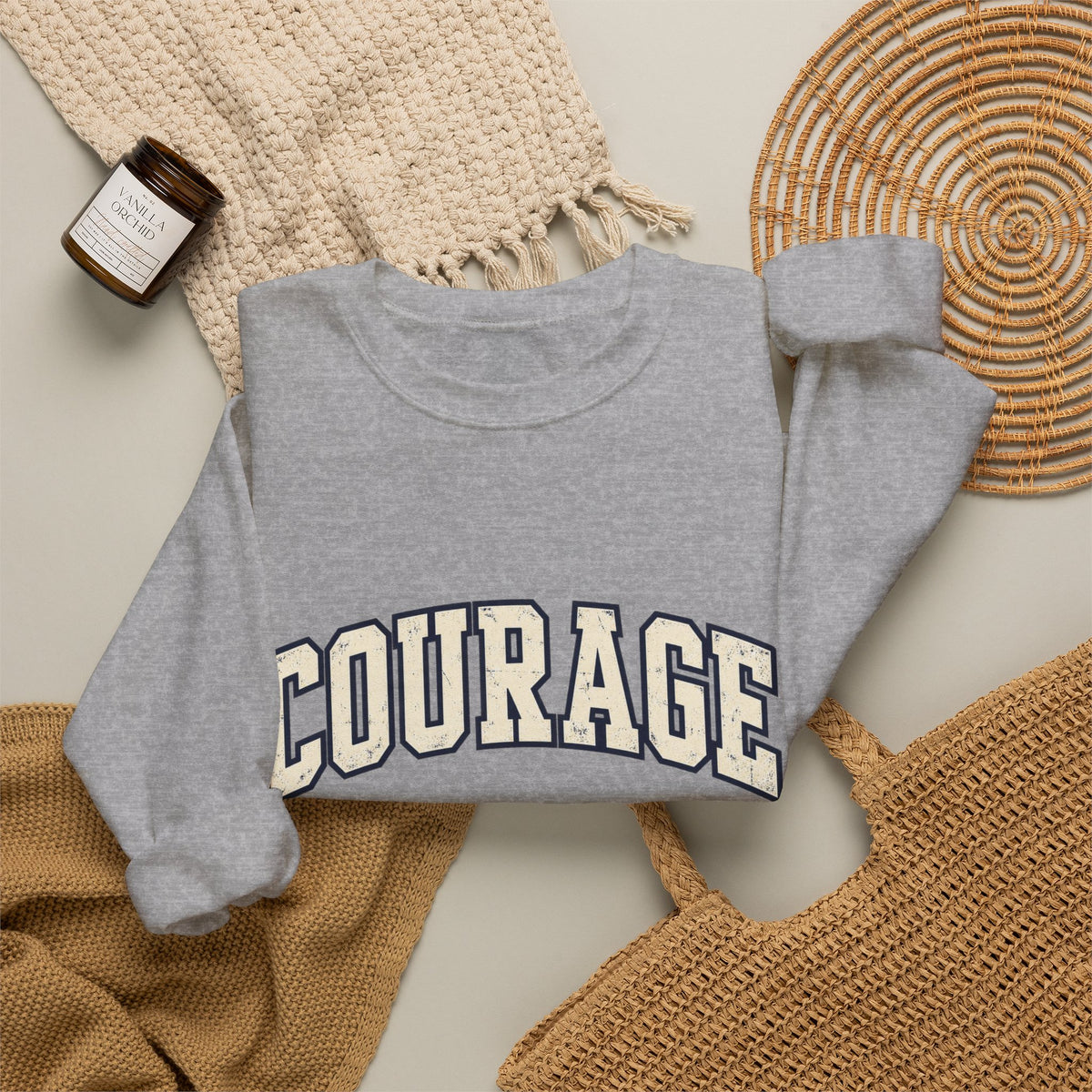 Courage Crewneck Sweatshirt — White Inspirational Collegiate Pullover