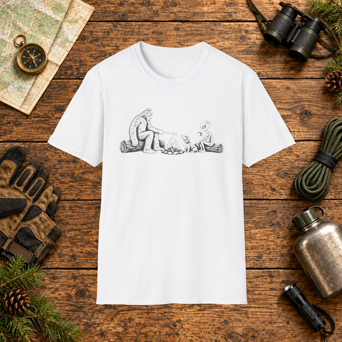 Dachshund Campfire Hiking Crew T‑Shirt — Minimal Line Art Backpacker Family