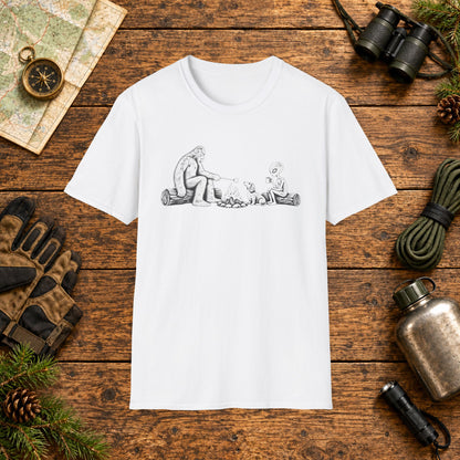 Dachshund Campfire Hiking Crew T‑Shirt — Minimal Line Art Backpacker Family