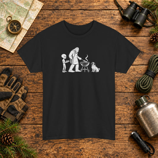 Pug, Bigfoot & Alien Backyard BBQ T-Shirt