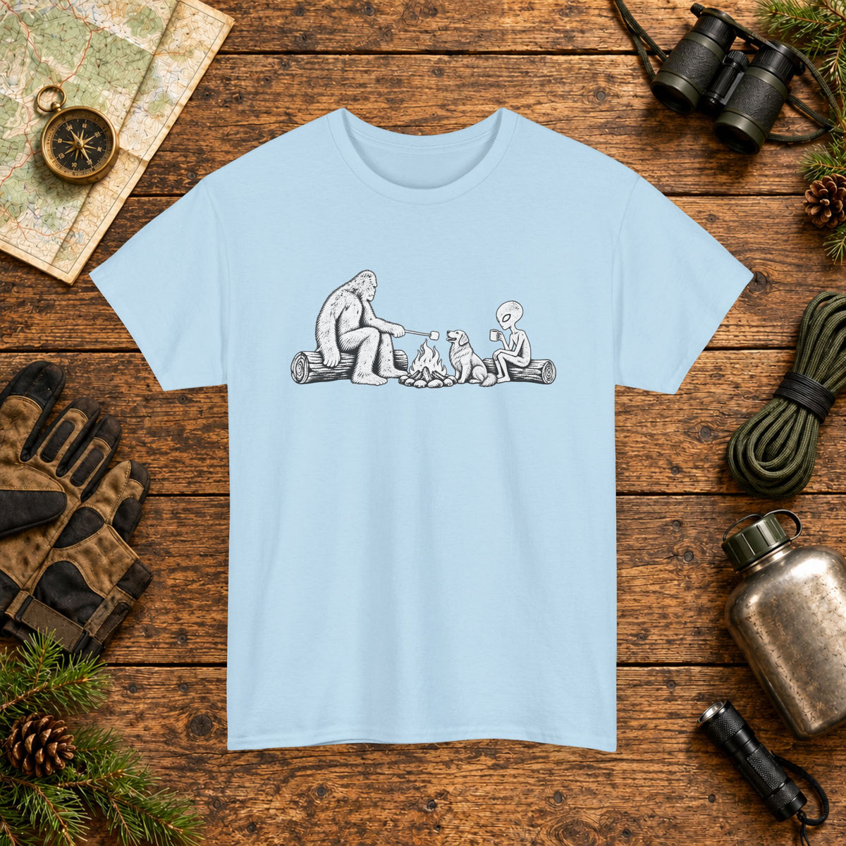 Golden Retriever, Bigfoot & Alien Campfire T-Shirt