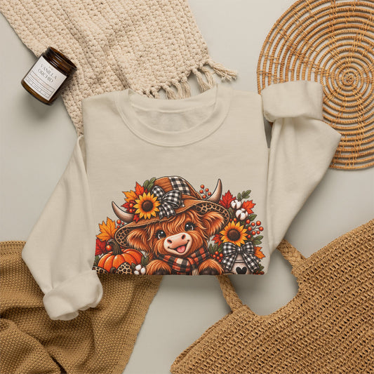 Fall Highland Cow Sweatshirt - "Hay There, I'm Fall" Cute Autumn Graphic Crewneck
