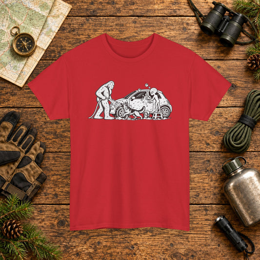 German Shepherd, Bigfoot & Alien Car Wash T-Shirt