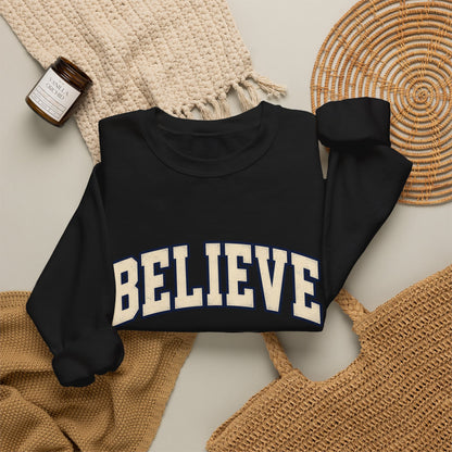 Believe Crewneck Sweatshirt — Vintage Collegiate White Pullover
