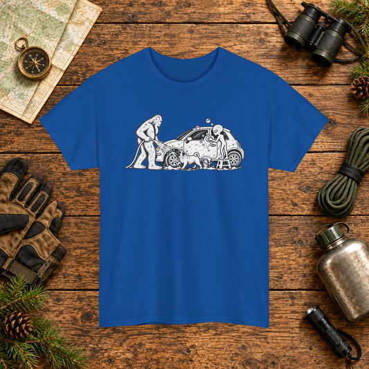 Pug, Bigfoot & Alien Car Wash T-Shirt
