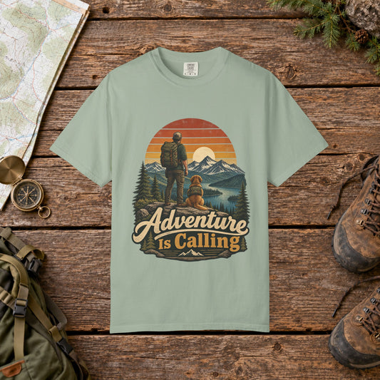 Adventure is calling with golden retriever Vintage Mountain Hiking Tee
