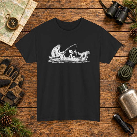 Golden Retriever, Bigfoot & Alien Fishing T-Shirt