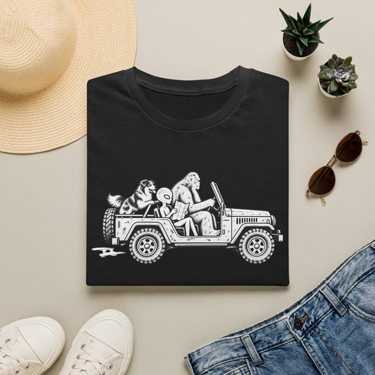Australian Shepherd Jeep Road Trip with Bigfoot & Alien T-Shirt